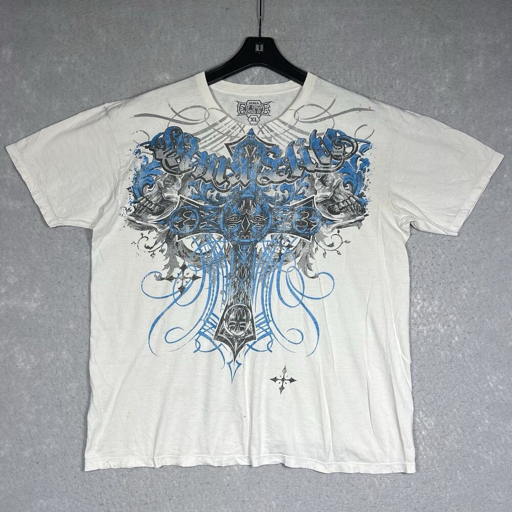 MMA Elite Shirt Men’s XL White Cyber Affliction Style Skull Wings Cross *FLAWED*